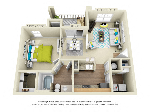 Floor plan for 1 bed, 1 bath, 735 sqft
